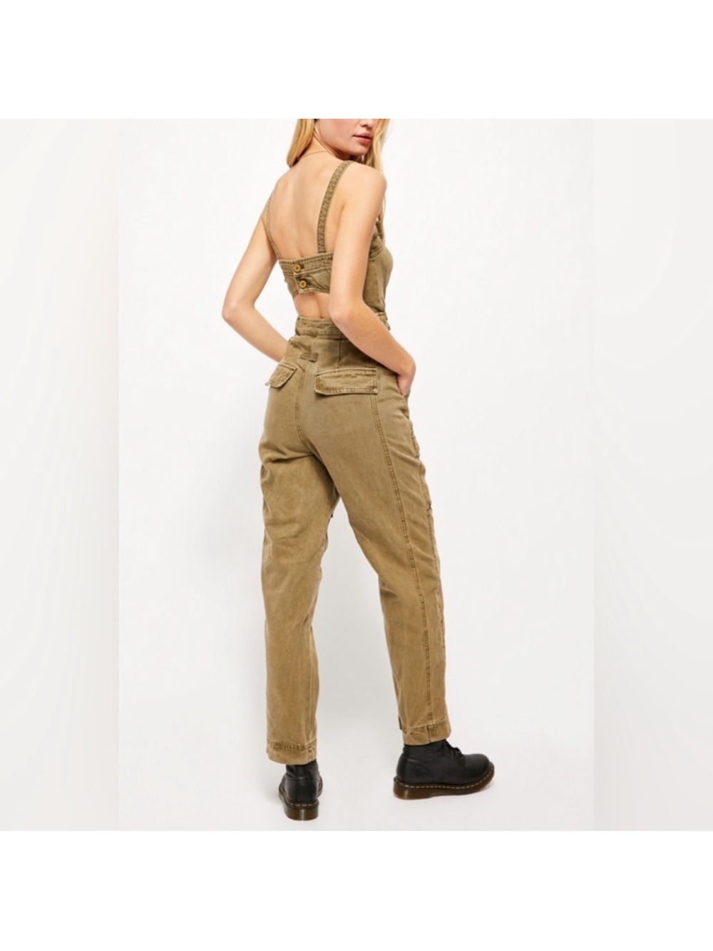 Free People Go West Utility Jumpsuit Size x- small Olive Green Open Back Belted